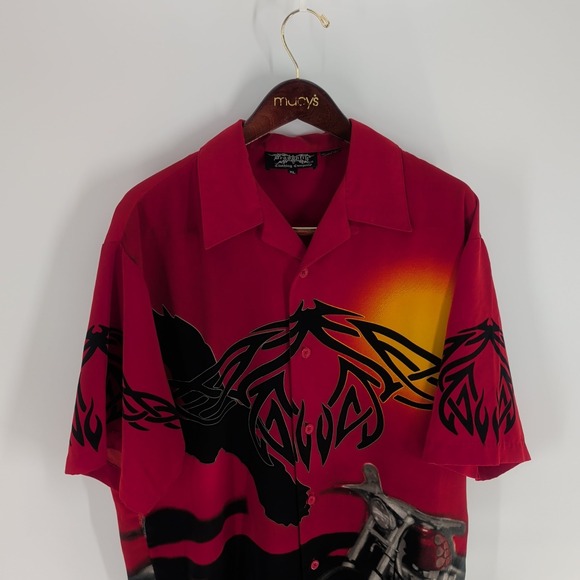 Dragonfly Bike Graphic Print‎ Short Sleeve Classic Button Up Shirt Red Size XL - Picture 2 of 11